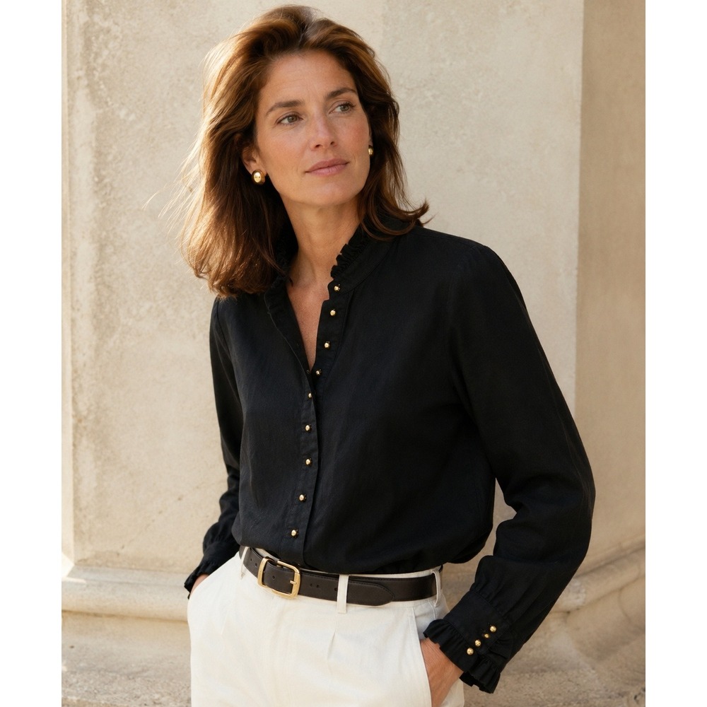 Elizabeth McKay Ruffle Collar Blouse Womens 8 Black Gold Button Henley Preppy